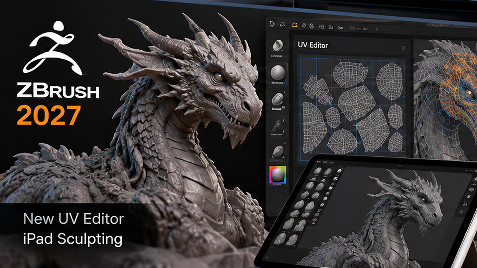 ZBrush 2027 desktop UV Editor alongside an iPad sculpting workspace