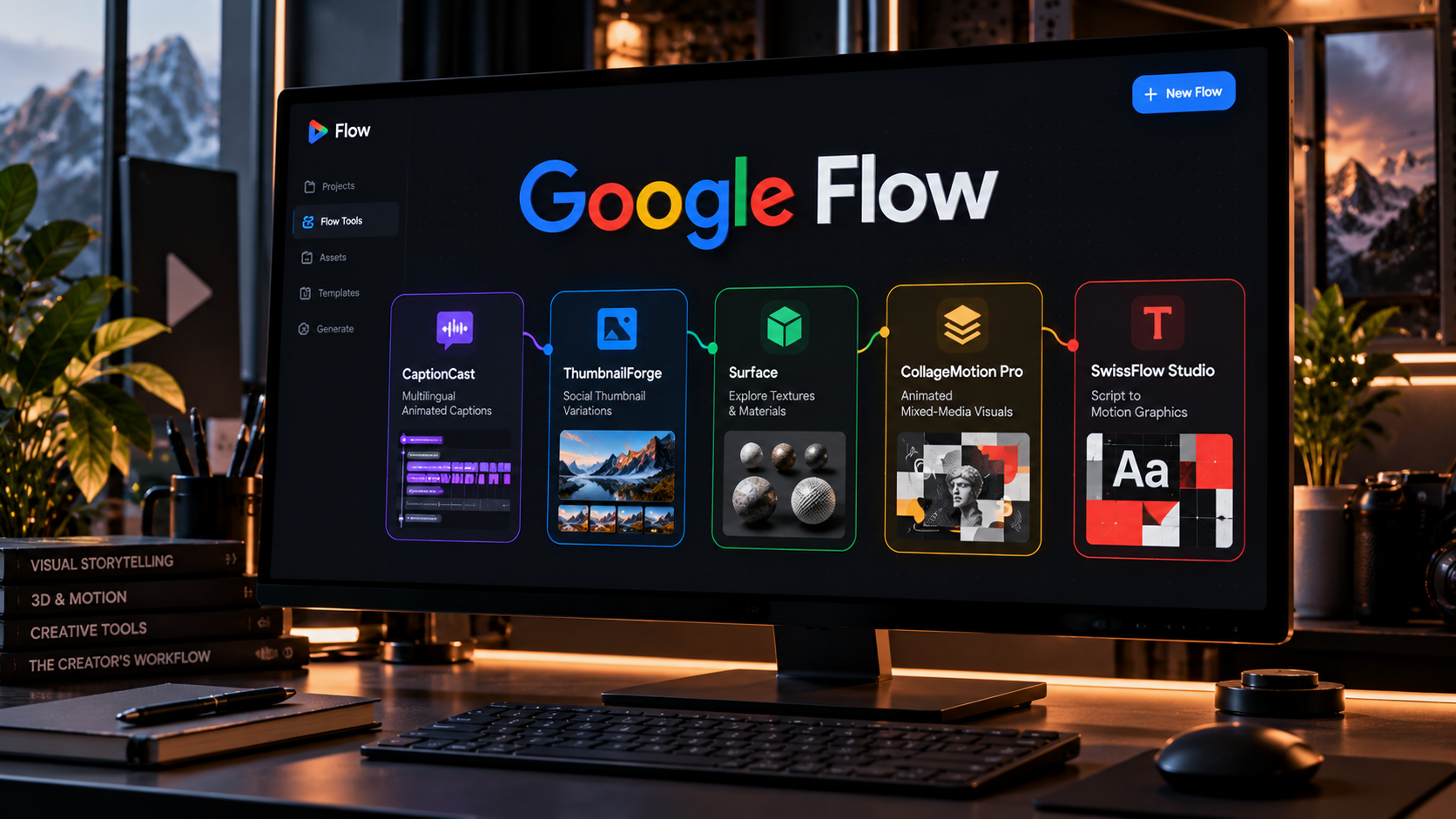 Google Flow visual creator tools for captions social thumbnails 3D textures and motion graphics
