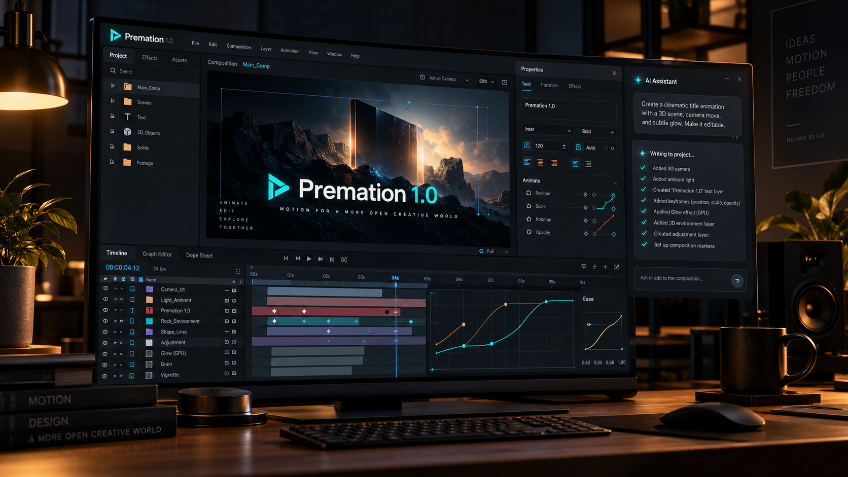 Premation 1.0 motion design editor showing editable keyframes, effects and AI assistant integration