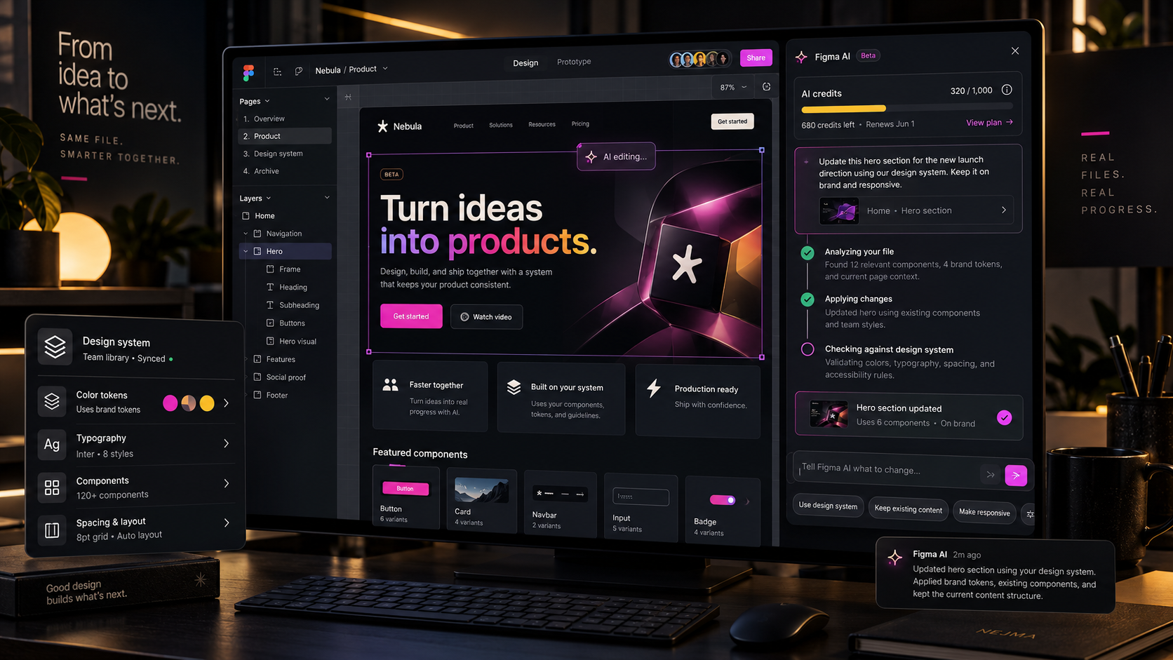 Figma canvas showing an AI design agent applying team design-system rules and reviewing UI components