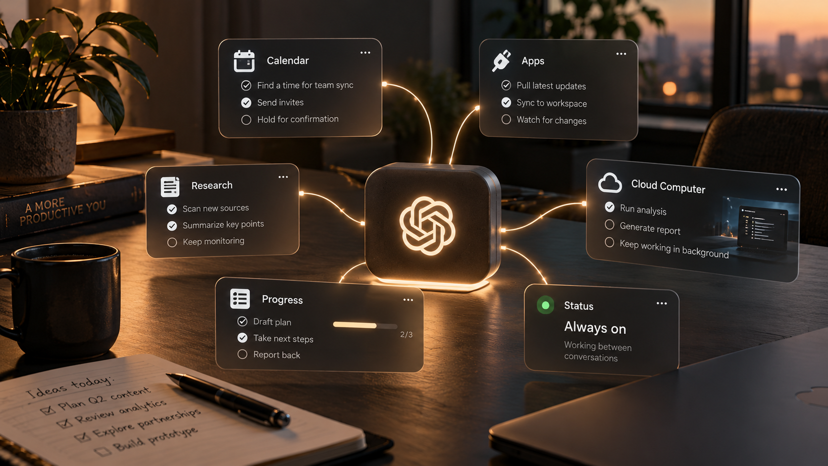 Always-on AI agent workflow with connected apps cloud computer and ongoing goals