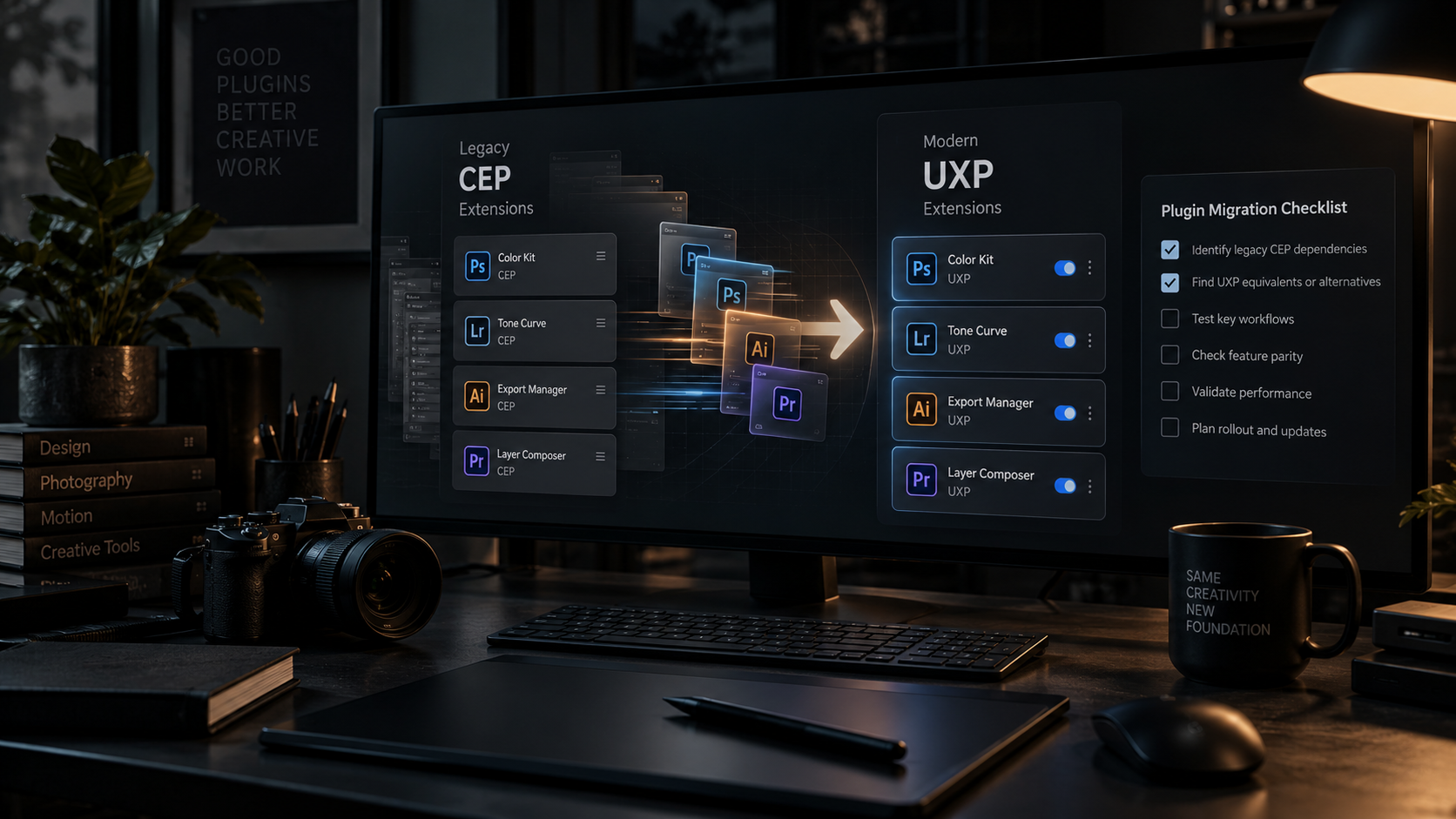 Adobe Creative Cloud plugin workflow showing legacy CEP extensions transitioning to modern UXP panels