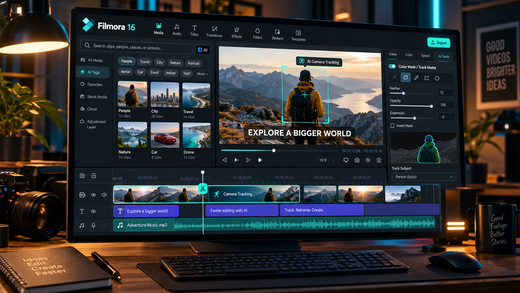 Filmora 16 video editing timeline with AI media organization, subject tracking and color masking