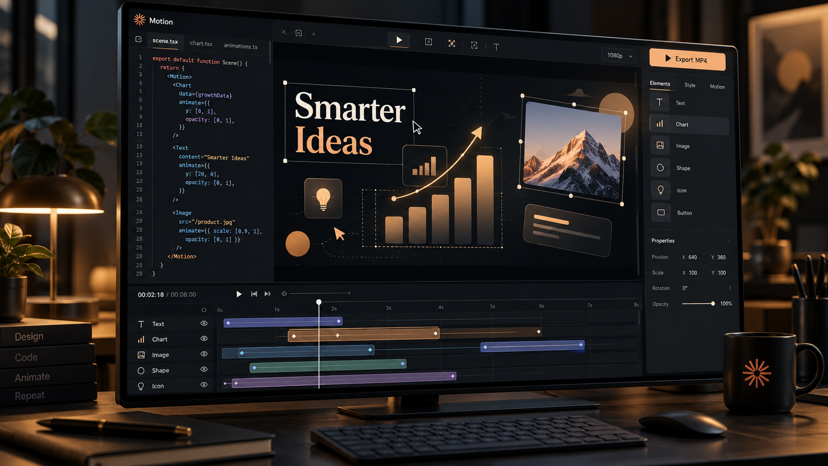 Claude Motion workflow creating editable animations from charts and text with MP4 export