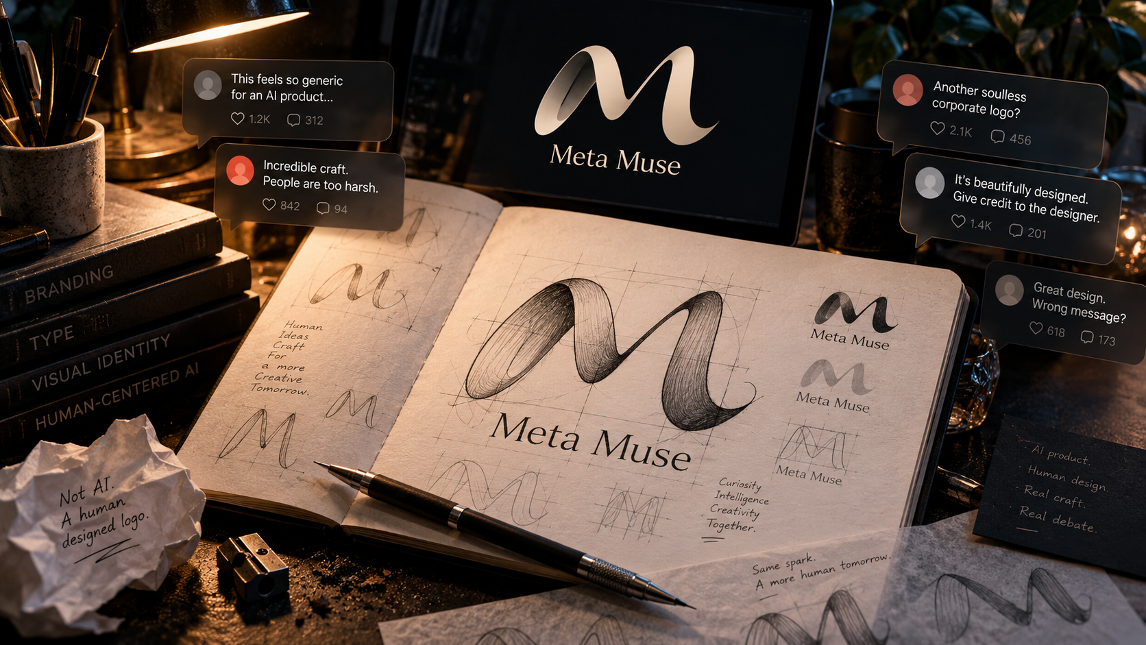 Hand-lettered Meta Muse M logo and debate over human designers working for AI companies