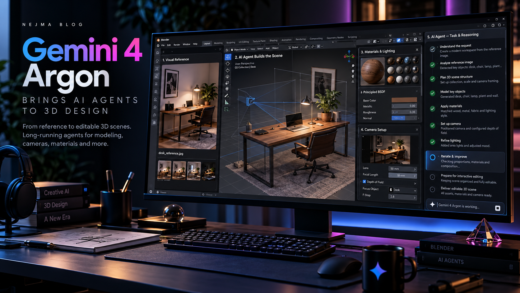 Gemini 4 Argon AI agent constructing editable Blender 3D scenes and interactive visual prototypes
