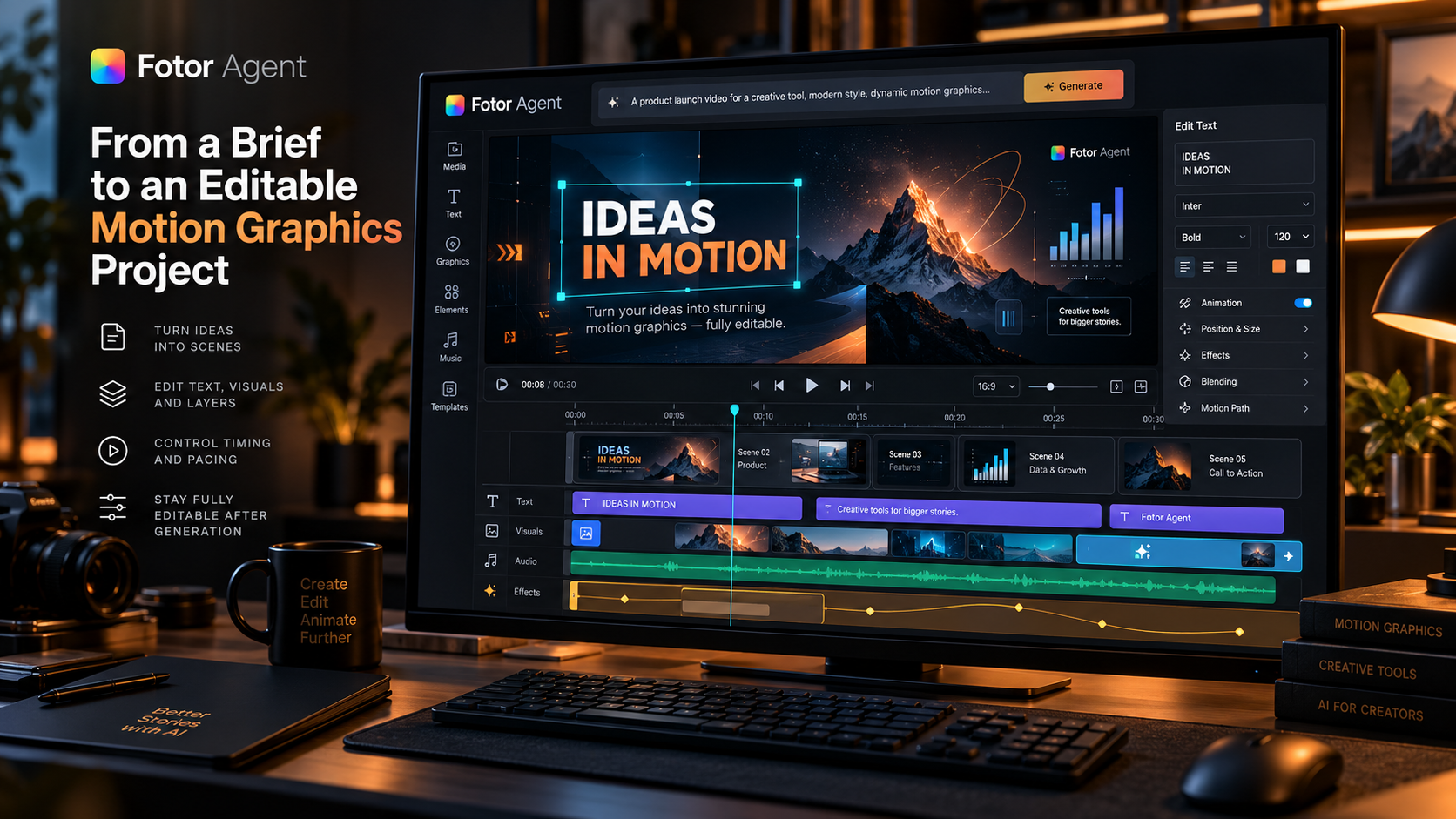 Fotor Agent video editor showing editable motion graphic layers and multi-track project timeline