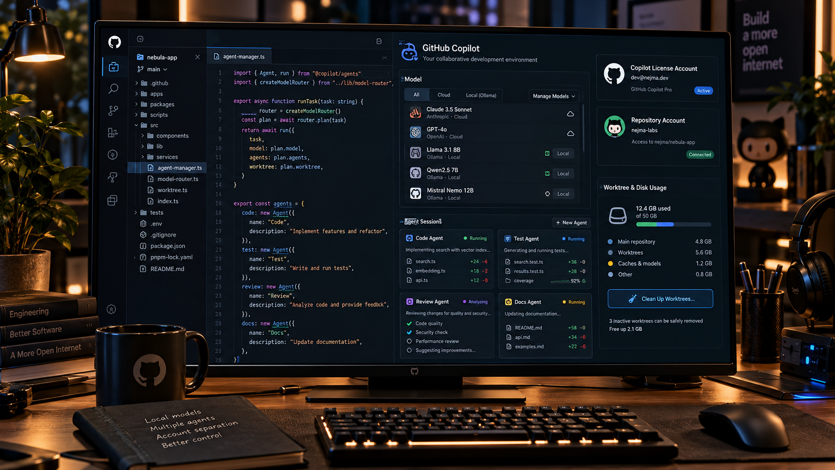 GitHub Copilot CLI and VS Code workflow combining local Ollama models with multiple agent sessions