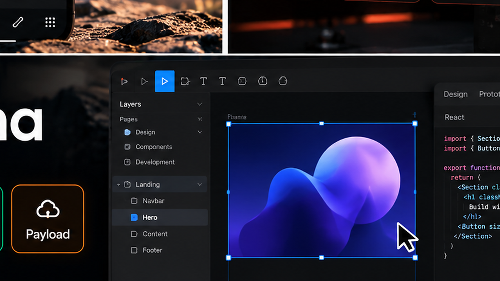 Figma canvas combining code-backed prototypes Markdown Specs and Payload-powered app workflows