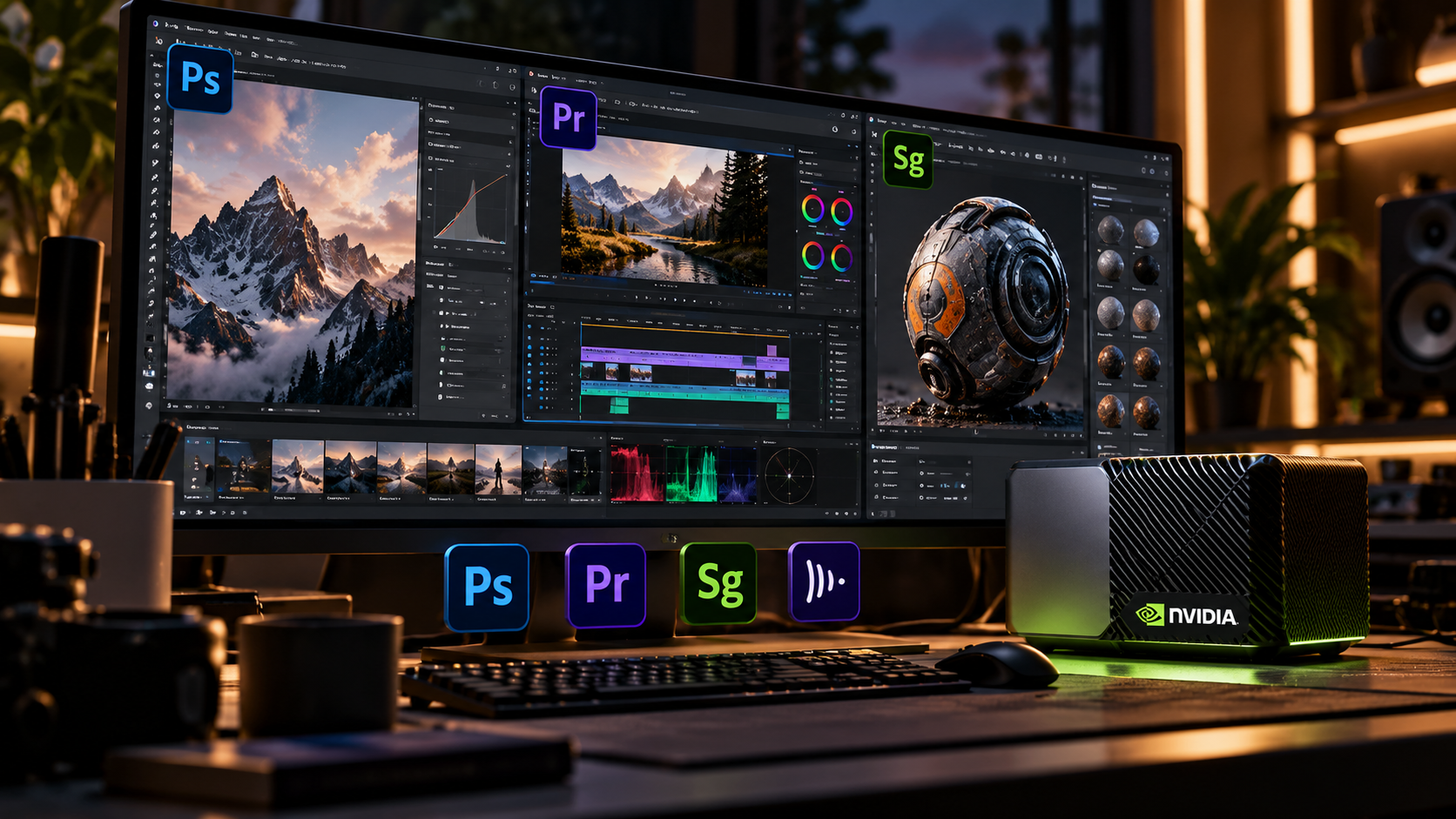 Adobe Photoshop Premiere and Substance 3D workflows accelerated by NVIDIA RTX Spark hardware