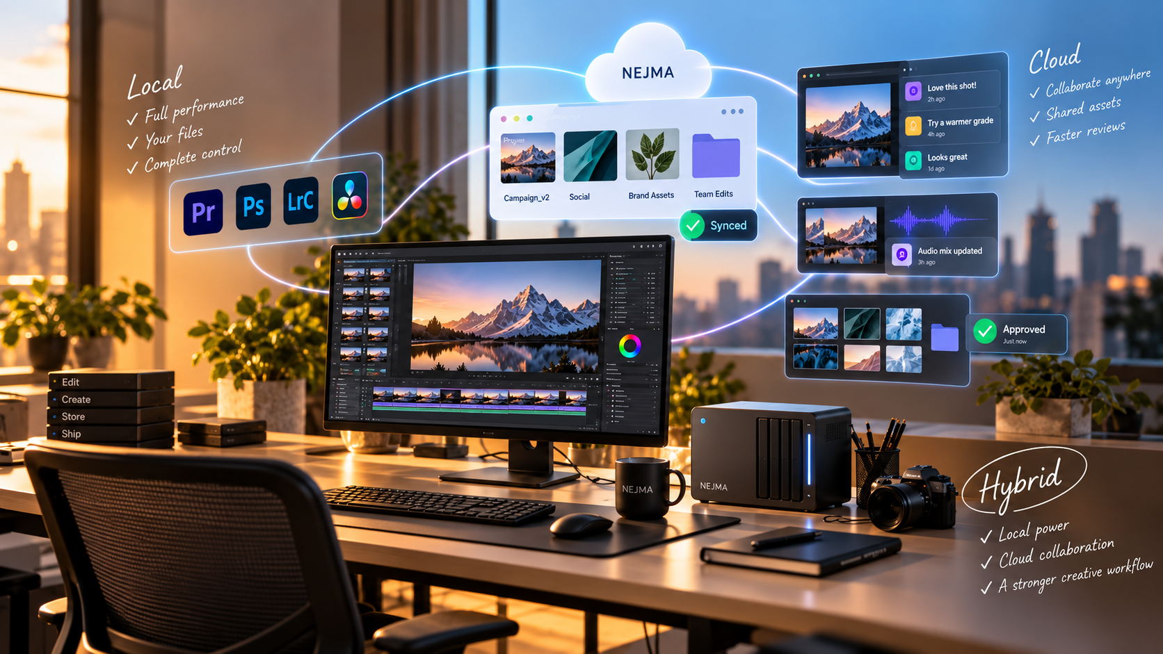 Hybrid creative workflow combining local workstation tools with cloud collaboration