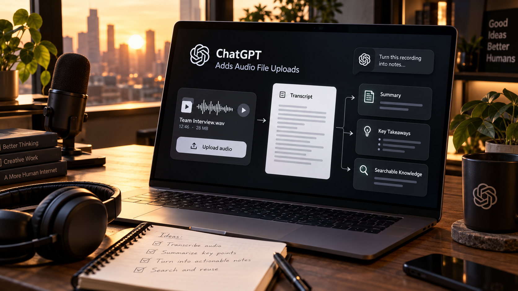 Audio waveform and transcript workflow representing ChatGPT audio file uploads