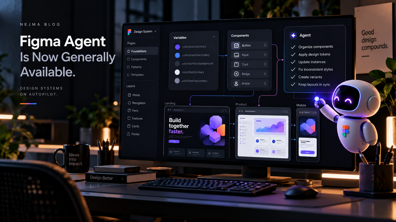Figma design agent working with components variables and design-system tasks on the canvas