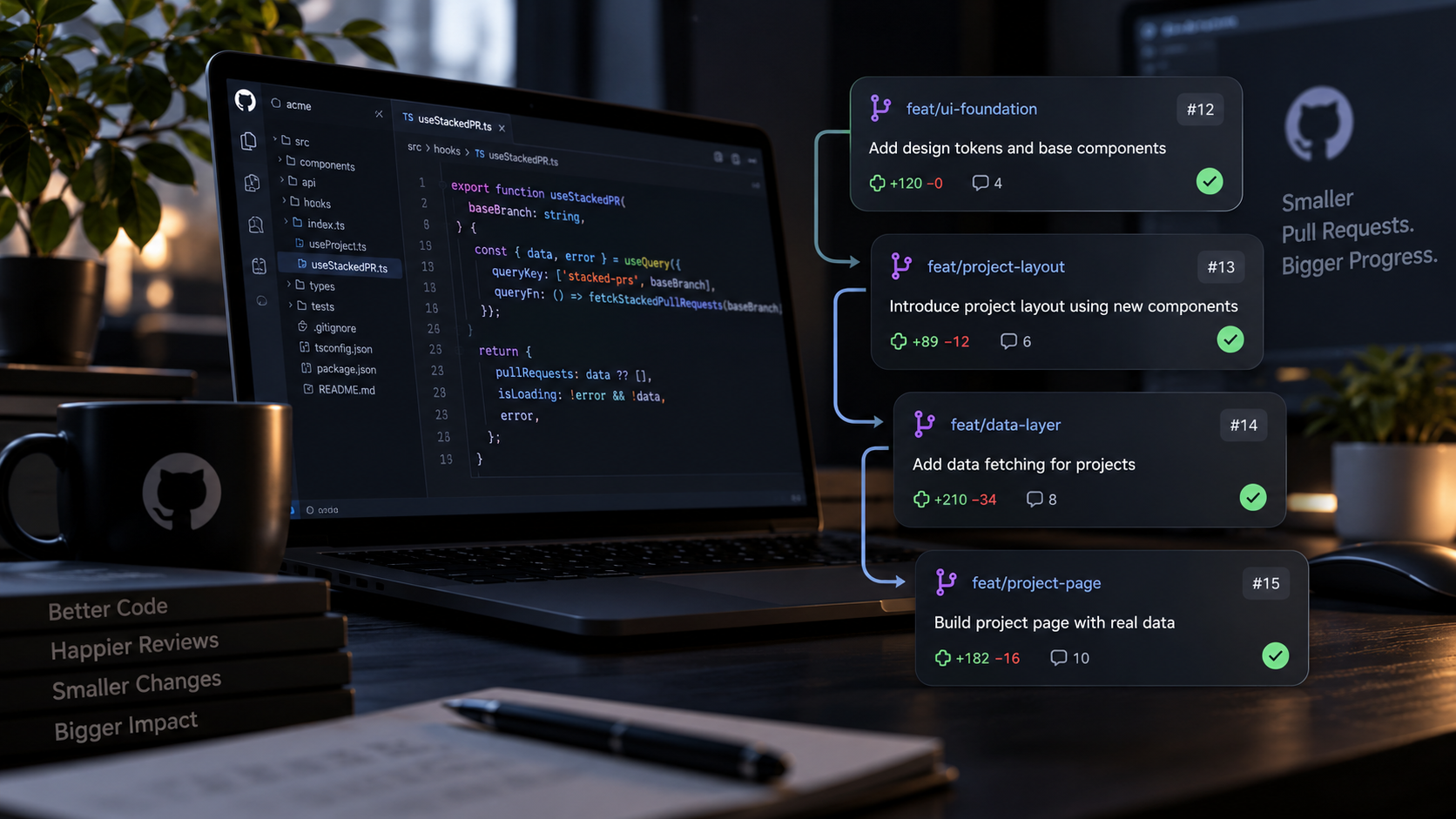 GitHub stacked pull request workflow showing several dependent reviewable code changes