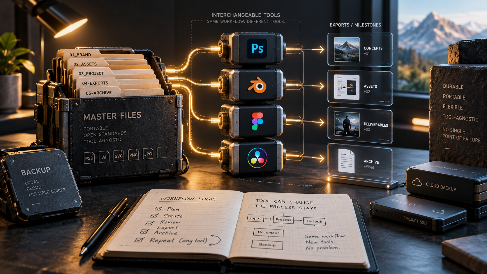 Resilient creative workflow with portable source files documentation and replaceable tools