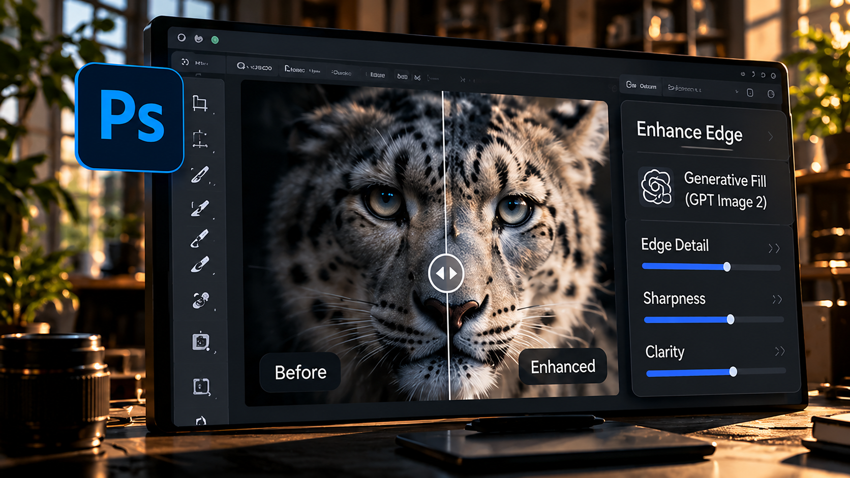 Photoshop 27.11 editing workflow showing refined hair selections and precise generative image edits