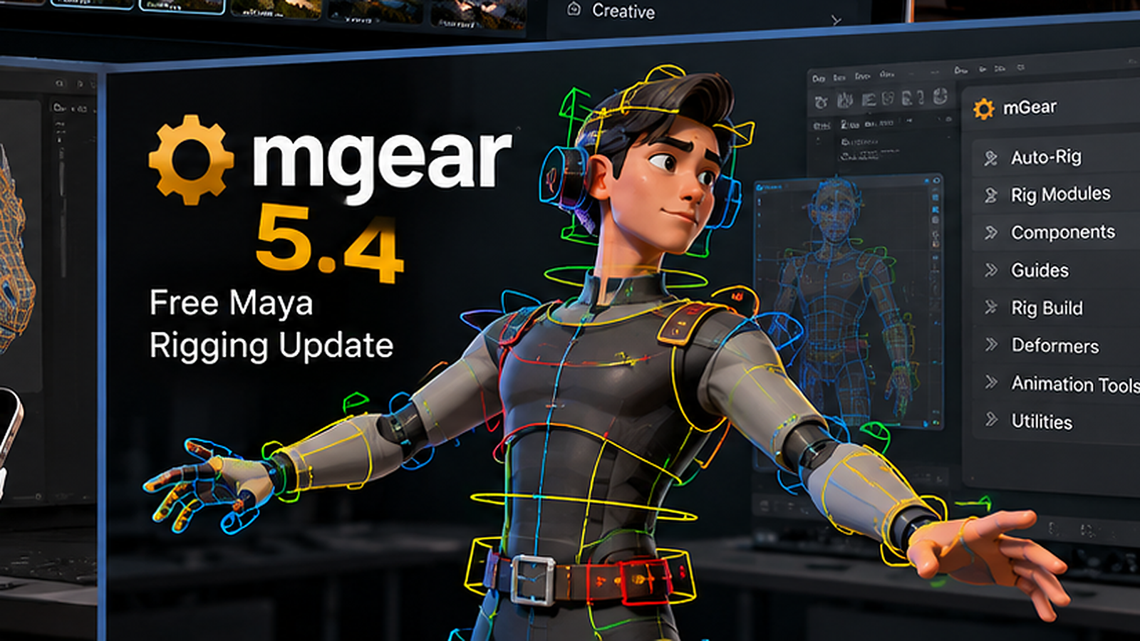 mGear 5.4 Maya character rigging interface with animation picker and ghosted poses