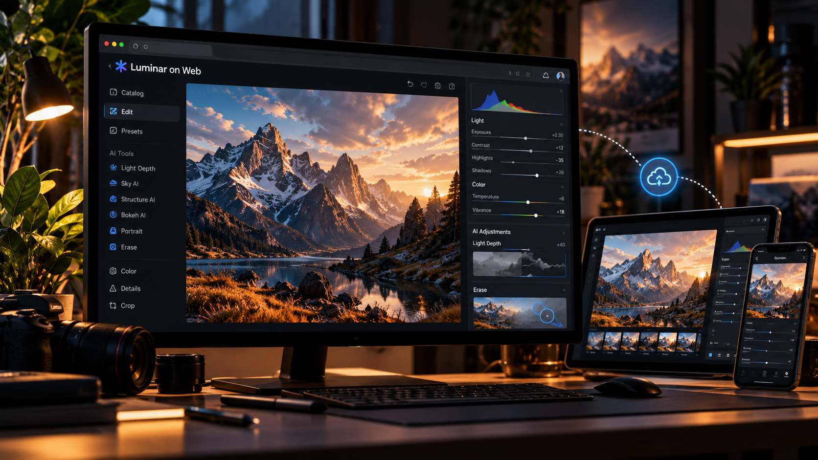 Luminar on Web photo editor showing RAW image adjustments and AI editing tools in a browser