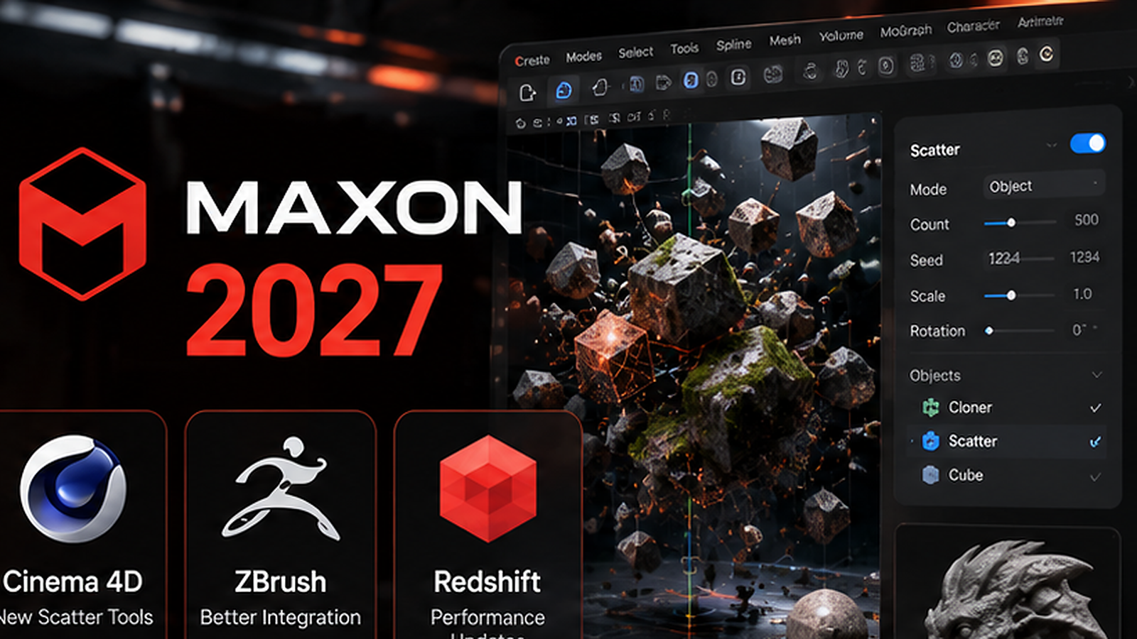 Maxon 2027 Cinema 4D scene using the new Scatter System with ZBrush and Redshift workflow updates