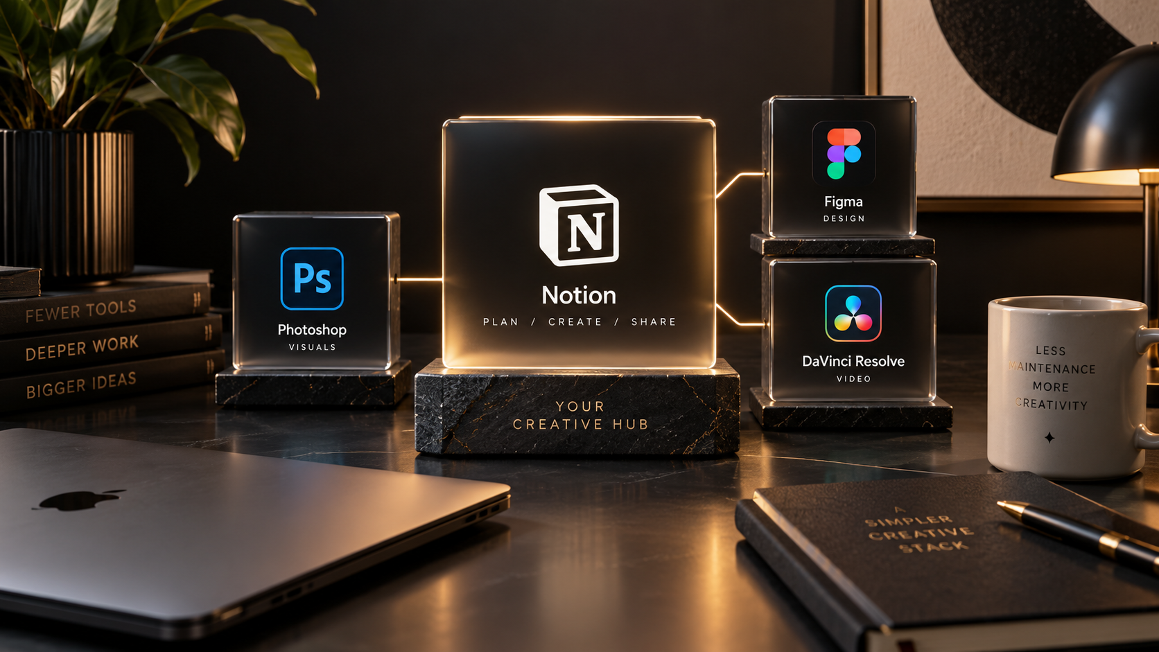 Minimal creative software stack centered on a core platform with a few specialist tools