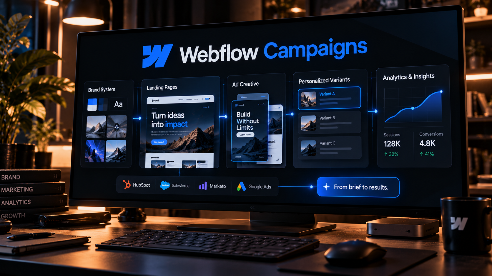 Webflow Campaigns workflow connecting landing pages ads personalization and analytics