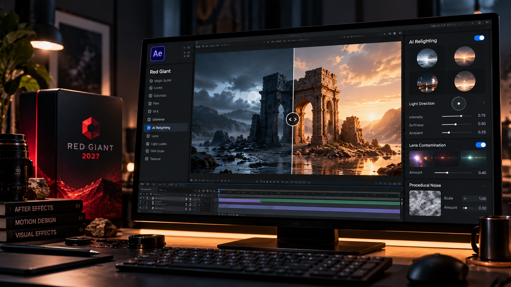 Red Giant 2027 AI relighting workflow inside After Effects for motion design and compositing