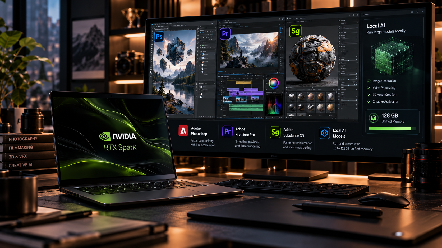 NVIDIA RTX Spark laptop running optimized Adobe Photoshop Premiere and local AI workflows