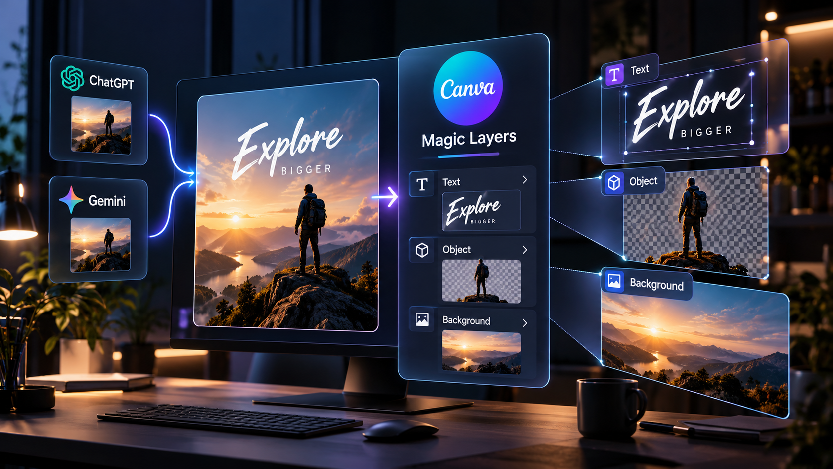Canva Magic Layers converting an AI-generated image from ChatGPT or Gemini into editable layers