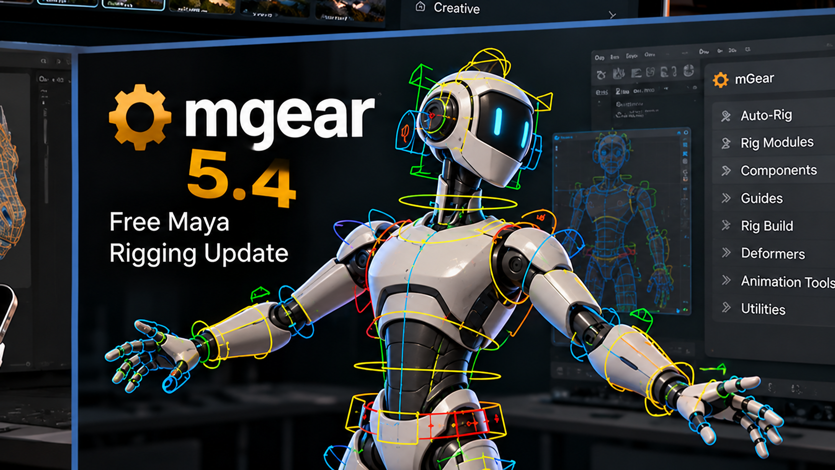 mGear 5.4 Maya character rigging interface with animation picker and ghosted poses
