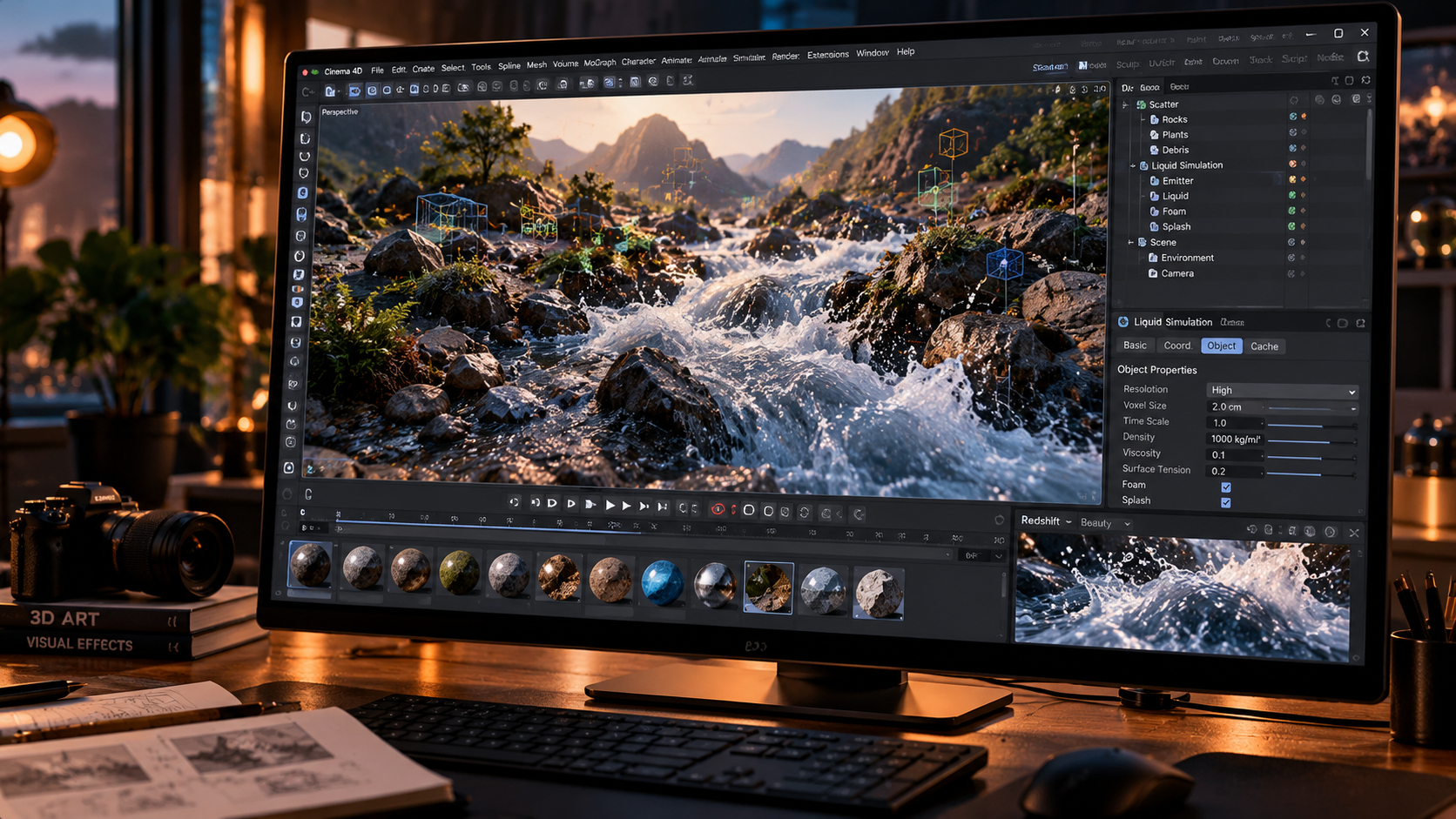 Cinema 4D 2027 procedural scatter environments and realistic liquid simulation with foam spray and bubbles