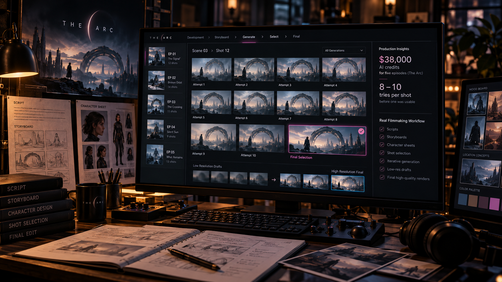 AI filmmaking workflow for The Arc showing repeated generated shots and production costs